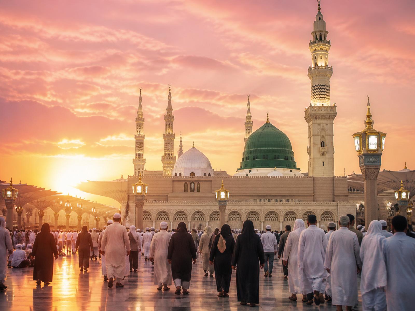 Masjid an-Nabawi's green dome at sunrise in Madinah